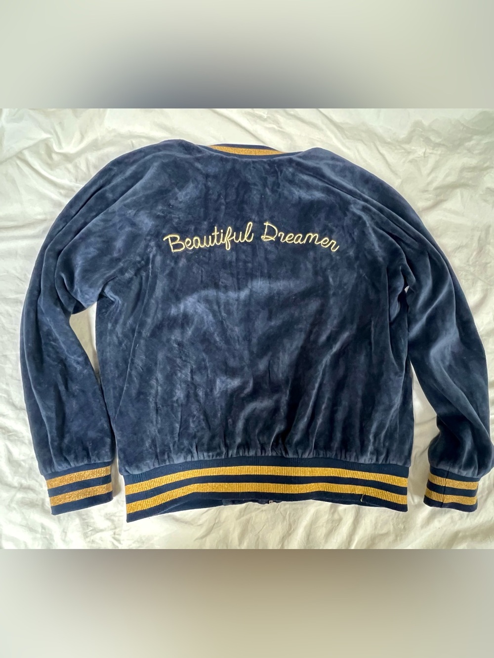 Spiritual Gangster Navy Velvet Varsity Jacket with Gold Trim “Beautiful Dreamer”